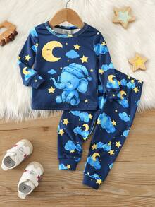 SHEIN 2pcs/Set Baby Boy/Girl Cute Casual Knit Cartoon Pattern Long Sleeve Bodysuit Pajama Set - Multicolor - View 2