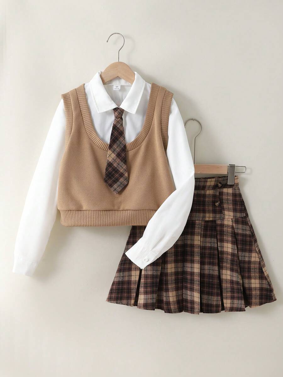 SHEIN Tween Girl 2 In 1 Long Sleeve Shirt And Plaid Pleated Skirt School Style Set