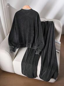 CosyJoli 大码休闲水洗雪花棒球夹克和宽松裤套装