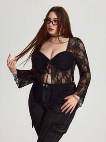 Enliva Karlangas.Toledo Plus Size Lace Bell Sleeve Tie Front Sweetheart Neck Blouse, For Apple Rounded Body Shape - Black - View 5