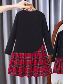 Girls' Digital Print Plaid Patchwork Bow Long Sleeve Dress, Suitable For Holidays, Outings, School, And Street Style - Black - View 2