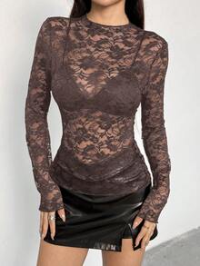 EgrlEra Women's Lace Elastic Peony Floral Sheer Sexy Blouse (Random Cut) - Chocolate Brown - View 4