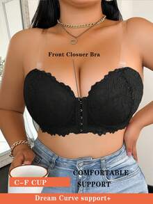 1pc Front Hook Closure Lace Plus Size Underwired Bra Lingerie - Black - View 5