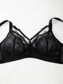1pc Plus Size Wireless Mesh Embroidered Bra - Black - View 4