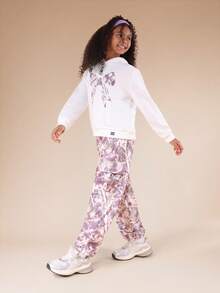 SUMWON Tween Floral Print Hoodie And Jogger Co-Ord Set Without Drawstring Hood Centre Pocket Elastic Waist Casual Relaxed Fit Purple White Two Piece Outfit Vacation - White - View 8