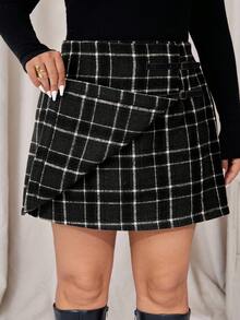 Auralis Falda A-Line de mujer talla grande con estampado a cuadros, otoño/invierno - Blanco y Negro - Ver 1