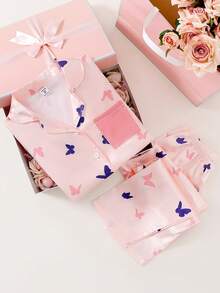 两件套女童蝴蝶印花柔软舒适开衫毛衣和裤子睡衣套装，优雅休闲家居服 - 粉色 - 查看 7