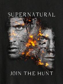 Supernatural X SHEIN Men's Letter & Figure Graphic Round Neck Short Sleeve T-Shirt, Emo, 2000s Style - Black - View 4