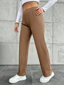 Pantalones rectos de unicolor informales de talla grande - Marrón Mocha - Ver 4