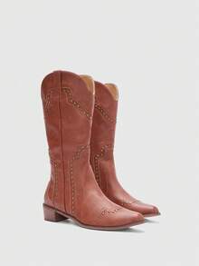 Aloruh 女士时尚靴子、西部靴、中筒V形棕色铆钉装饰靴、方头低跟靴、高筒马靴、女士牛仔靴 - 棕色 - 查看 1