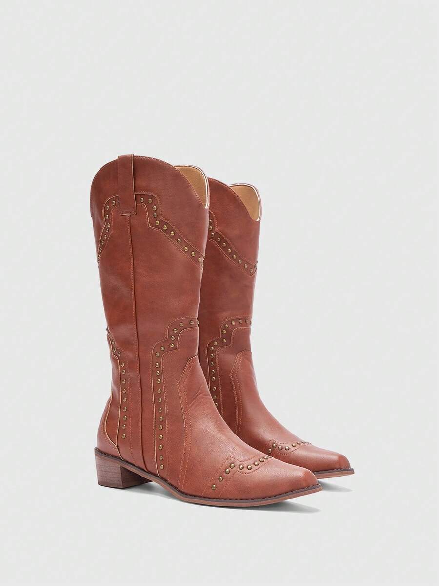 Aloruh 女士时尚靴子、西部靴、中筒V形棕色铆钉装饰靴、方头低跟靴、高筒马靴、女士牛仔靴 - 棕色 - 查看 1