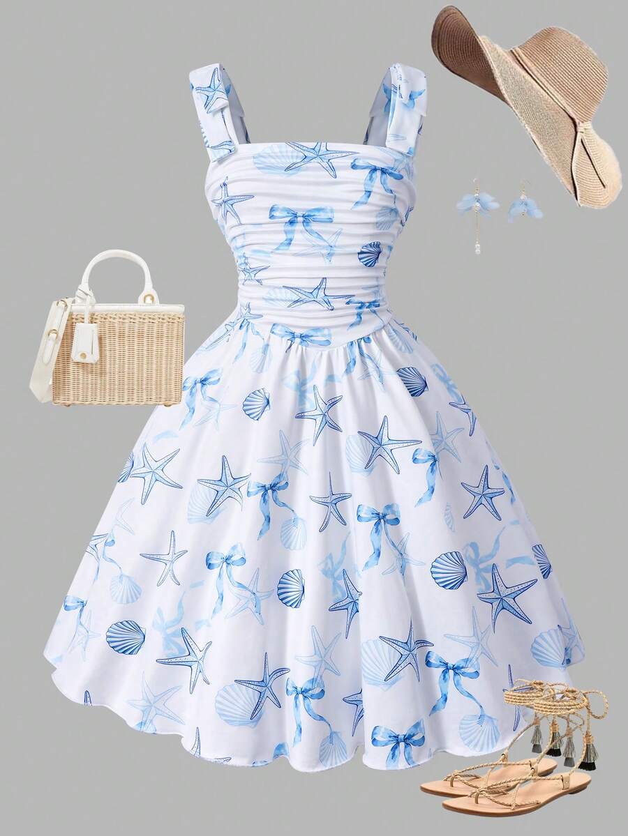 SHEIN 浅蓝色少女碎花褶皱甜美连衣裙 - 彩色 - 查看 1