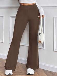 SHEIN PETITE Pantaloni evazați casual pentru femei, culoare solidă, talie înaltă, călduroși - Moca Brown - Vizualizare 4