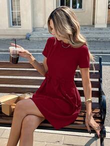 SHEIN LUNE Đầm dự tiệc tay ngắn thắt nơ màu đen cho nữ - Màu Đỏ Sâu - Xem 6