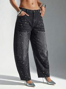 Denimoi 女式时尚街头水钻金属镂空水洗筒状牛仔裤 - 黑色 - 查看 4