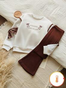 Vintaside Kids Girls' Elegant White Round Neck Long Sleeve Pullover With Embroidered Letter & Bow Tie, Fitted Style With Beige Pants, Suitable For Outings, Casual, School, Party - Multicolor - View 1