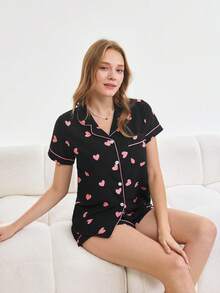 Bonmuse 女士心形印花泡泡皱短袖短裤睡衣套装 - 黑色 - 查看 7