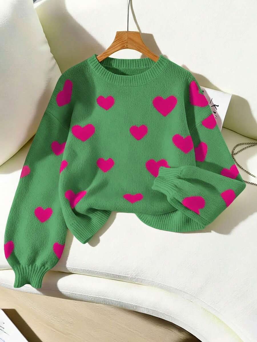 SHEIN LUNE Women's Heart Pattern Round Neck Drop Shoulder Long Sleeve Casual Sweater, Autumn/Winter - Multicolor - View 1