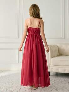 Tween Girls Elegant Burgundy Summer Wedding Formal Flower Girl Dress,Chiffon Spaghetti Strap Sleeveless Puffy Princess Ball Gown For Graduation - Red - View 2