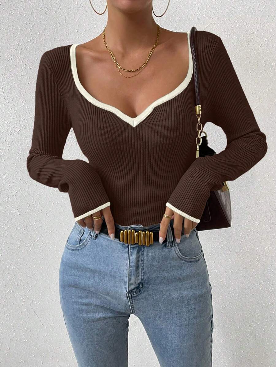 RosyDaze Damtröja med hjärtformad halsringning, ribbad långärmad, modern och mångsidig - Kaffebrun - Visa 1