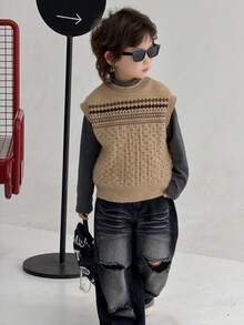 DAZY Suéter de punto jacquard con estampado, estilo japonés, para niños, casual, otoño - Caqui - Ver 4