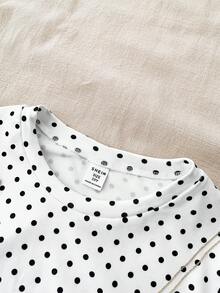 Tween Girl Polka Dot Fitted Casual Crew Neck Short Sleeve T-Shirt With Side Ruffle And Hair Scrunchie - Black and White - View 4