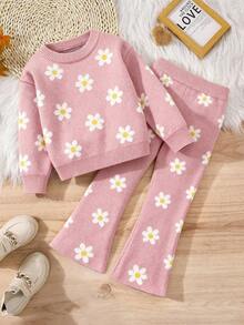 2pcs/Set Young Girl Heart Pattern Loose Casual Sweatshirt And Flare Pants Knit Suit - Pink - View 1
