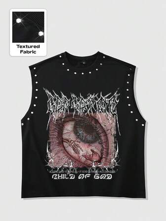 Goth Personalisiertes Streetstyle Herren Rundhals Trägershirt, Kupferbesatz an Ärmeln & Kragen, religiöser Grafikdruck, perfekt für Streetwear, Musikfestivals