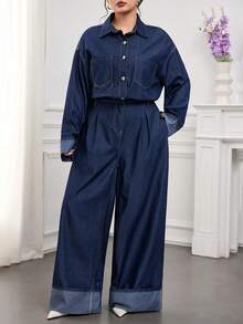 Modelyn Plus Size Dark Blue Denim Jumpsuit, Long-Sleeved Shirt, Straight Pants With Folded Hems, Casual Autumn Wear For Going Out Plus Size Denim Outfits For Women - Dark Wash - View 6