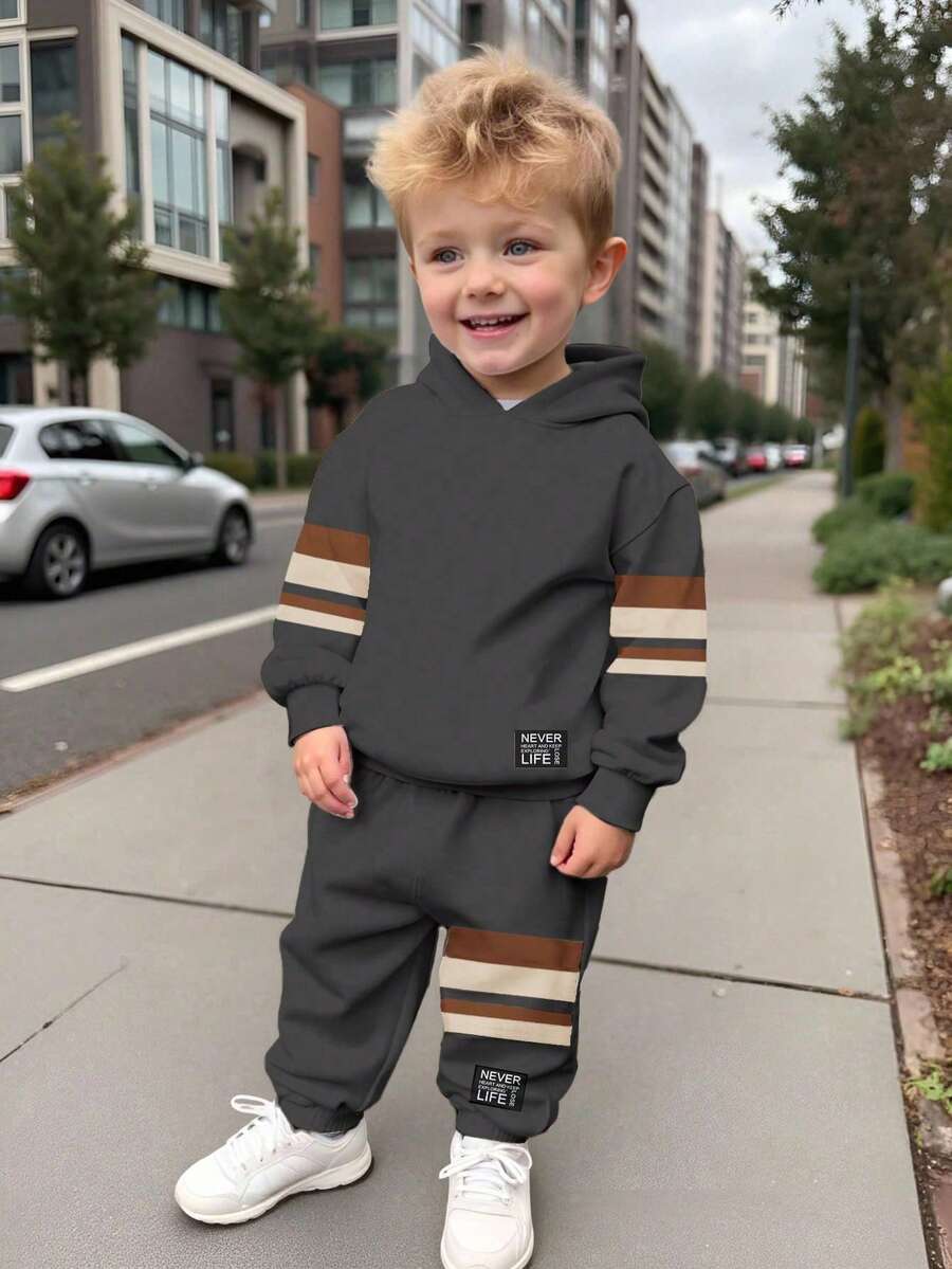男童休闲条纹印花宽松长袖连帽衫和运动裤套装（2件套），适合秋冬季穿着 - 彩色 - 查看 1