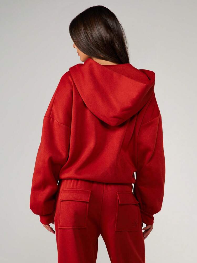 MISSGUIDED Double Zip Through Red Hoodie With Drawstring And Centre Pocket Casual Oversized Sweatshirt For Fall Winter