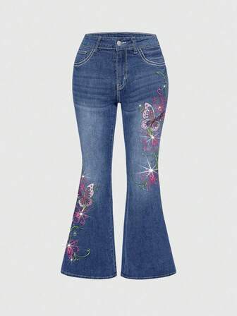 Fairycore Jeans évasés rétro Y2K sexy pour femmes avec broderie de vignes de papillon et strass