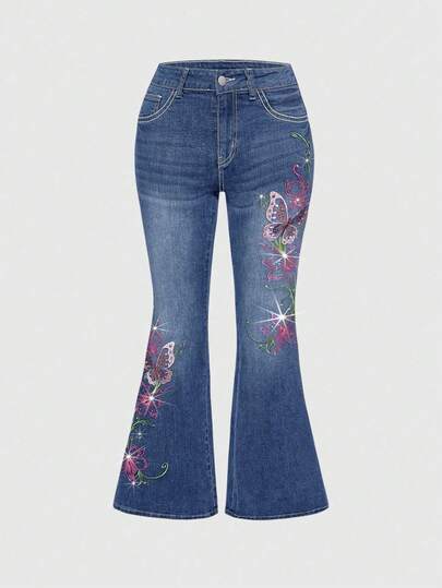 Fairycore Jeans évasés rétro Y2K sexy pour femmes avec broderie de vignes de papillon et strass
