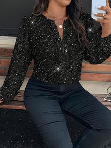 EMERY ROSE Sequin Polka Dot Casual Minimalist Plus Size Shirt, Suitable For New Year Party,Spring/Summer/Vacation - Black - View 6