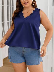 SHEIN Privé Elegant V-Neck Lace Splice Glossy Sleeveless Plus Size Blouse, Suitable For Office, Casual Outing, Travel & Holiday, Summer - Navy Blue - View 6