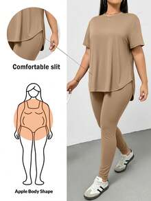 SHEIN Essnce مجموعة قطعتين من قميص أسود قصير الأكمام وسروال ليجنز للنساء ذوات الحجم الكبير، ملابس رياضية كاجوال مريحة وأساسية وقابلة للتنوع، تخسيس اليومي، ملابس للخروج، ملابس Y2K، أسلوب بسيط، ملابس للكنيسة - كاكي - مشاهدة 1