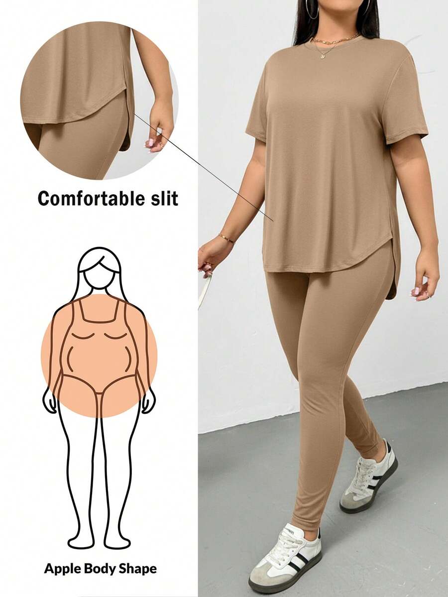 SHEIN Essnce مجموعة قطعتين من قميص أسود قصير الأكمام وسروال ليجنز للنساء ذوات الحجم الكبير، ملابس رياضية كاجوال مريحة وأساسية وقابلة للتنوع، تخسيس اليومي، ملابس للخروج، ملابس Y2K، أسلوب بسيط، ملابس للكنيسة - كاكي - مشاهدة 1