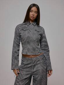 MUSERA 动物纹牛仔布拼接修身夹克，秋冬街头风，酷女孩Y2K日常休闲风，春夏款 - 彩色 - 查看 1