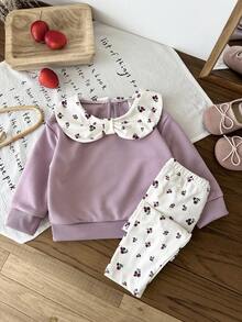 SHEIN Baby Girl 6Months-3year 2pcs/Set Fall Outfits For Girl Casual Daily Style Loose Suit, Flower-Printing Collar Long Sleeves Topt&Flower-Printing Long Simple Basic Pants - Purple - View 7