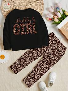 两件套：爸爸的宝贝女儿复古豹纹休闲圆领长袖卫衣和打底裤，适合秋冬季穿着 - 彩色 - 查看 2