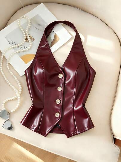 Franclia Casual And Sexy Women's Tank Top, Burgundy Tank Top With Metal Decorative Buckle, Halter Neck Tank Top, Women's Short Top Tank Top.