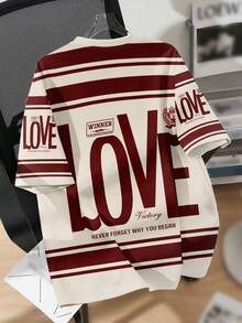 SHEIN EZwear Casual Minimalist Sports Street Casual Matching Couple , Red Stripe Love Logo English Letter Collegiate Style Print Pattern, Comfortable Warm Round Neck Loose Fit Short Sleeve T-Shirt For Women, Suitable For Autumn/Winter, Graphic Tee - Multicolor - View 4
