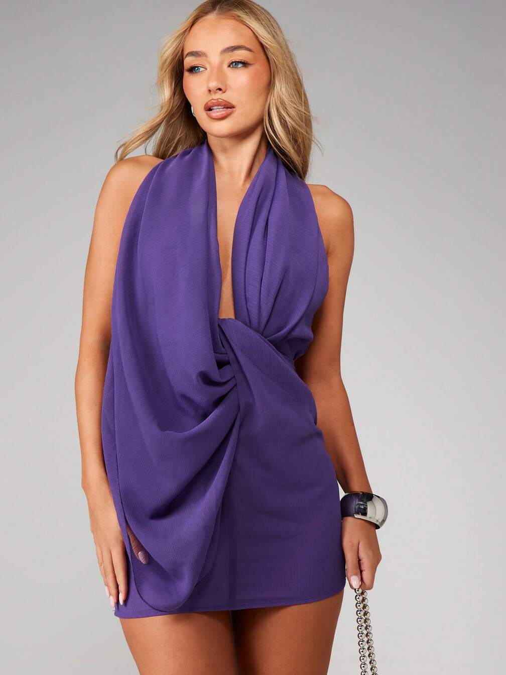 twist halter mini dress MISSGUIDED Crinkle Chiffon Front Drape Neck Sleeveless Purple Bodycon Party Evening,XS Womens dresses