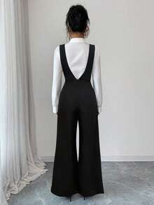 Lyxana 女士春季新款时尚高端休闲衬衫，通勤减龄连体裤配背带裤，两件套 - 黑與白 - 查看 2