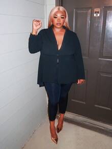 Enliva Blazer con cuello de solapa, un botón y bajo asimétrico para mujeres, ideal para graduaciones, regreso a clases y atuendos de maestras en otoño/invierno - Negro - Ver 10