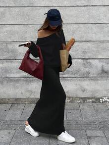 Livesso 女士休闲商务宽松斜领纯色针织上衣搭配直筒裤两件套，优雅的办公室着装，适合秋冬春季穿着。 - 黑色 - 查看 2