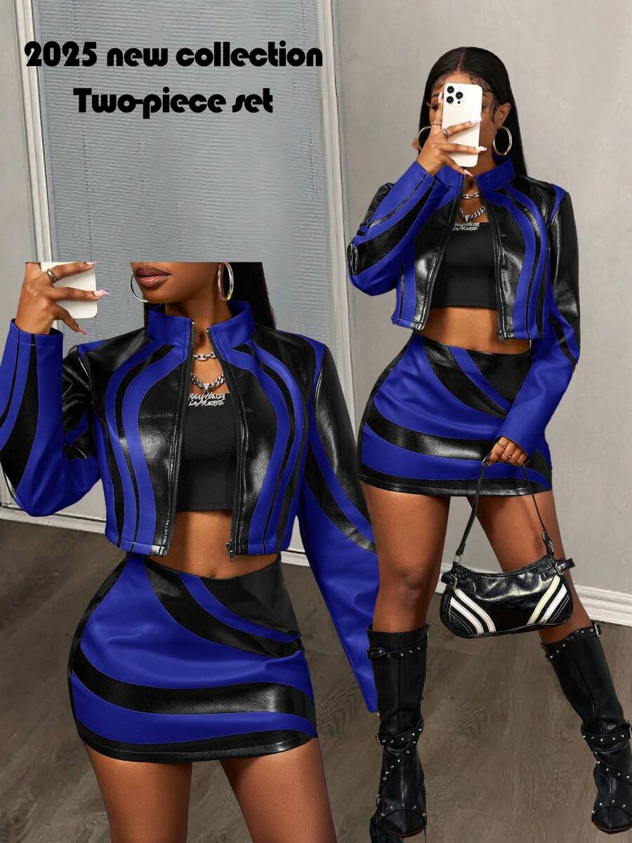 Slaydiva 2025秋季新款万圣节生日派对宴会学院风学生日常休闲邮轮旅行爆款街头风性感夜店Y2K朋克赛车摩托车灵感女装两件套：长袖修身外套+紧身迷你裙，黑黄PU印花，秋冬款 - 寶藍色 - 查看 1