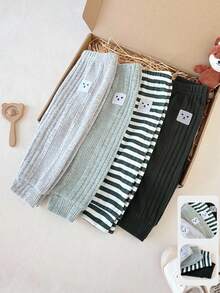 SHEIN 4pcs Baby Boys' Casual Daily Elastic Waist Fleece Uneven Ribbed Striped Dark Green Green Gray Embroidered Smiling Face Embroidered Patch Pants, Comfortable For Outings Or Home, Suitable For Spring/Autumn - Multicolor - View 8