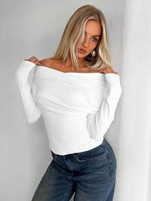 Aloruh Women's Casual Elegant Off-Shoulder Fitted Long Sleeve T-Shirt Spring - White - View 5