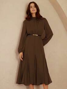 Revavyn Váy Maxi Chiffon Lụa Giả Sang Trọng, Thanh Lịch, Đơn Giản, Phong Cách Cung Điện Retro, Màu Trơn Cổ Điển, Cao Cấp, Thanh Lịch, Chân Váy Xòe Dáng Chữ A Ôm Sát, Cổ Cạp Sau Khóa Kéo Vô Hình, Thiết Kế Tay Phồng Cổ Lọ, Lớp Lót Thoải Mái, Thích Hợp Mặc Hàng Ngày, Hẹn Hò, Tiệc Tùng, Kỳ Nghỉ - Cà phê - Xem 5